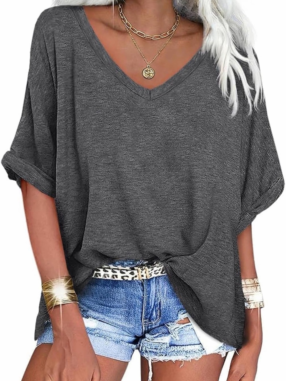 Casual V-Neck Short Sleeve Top - Charcoal Gray